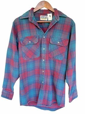 VTG Big Smith Flannel Mens Teal Burgundy Plaid Beavyweight Cotton 90’s Grunge